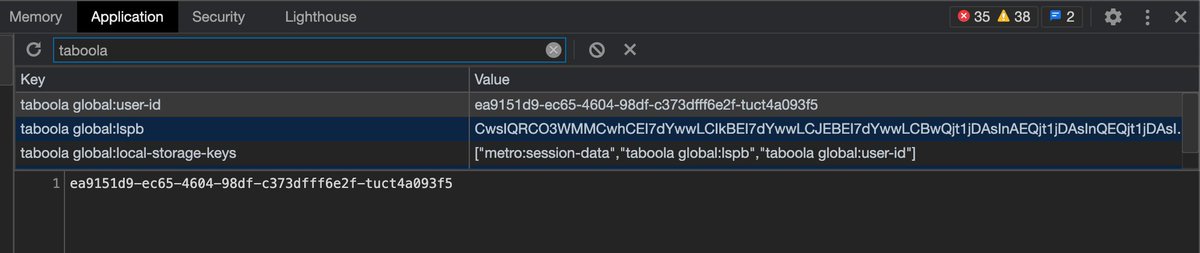The first party identifier.Yes - while the way Taboola works does allow it to serve what browsers view as first party cookies/storage data (see screenshots), they are (IMO) just third party trackers saved in first party context