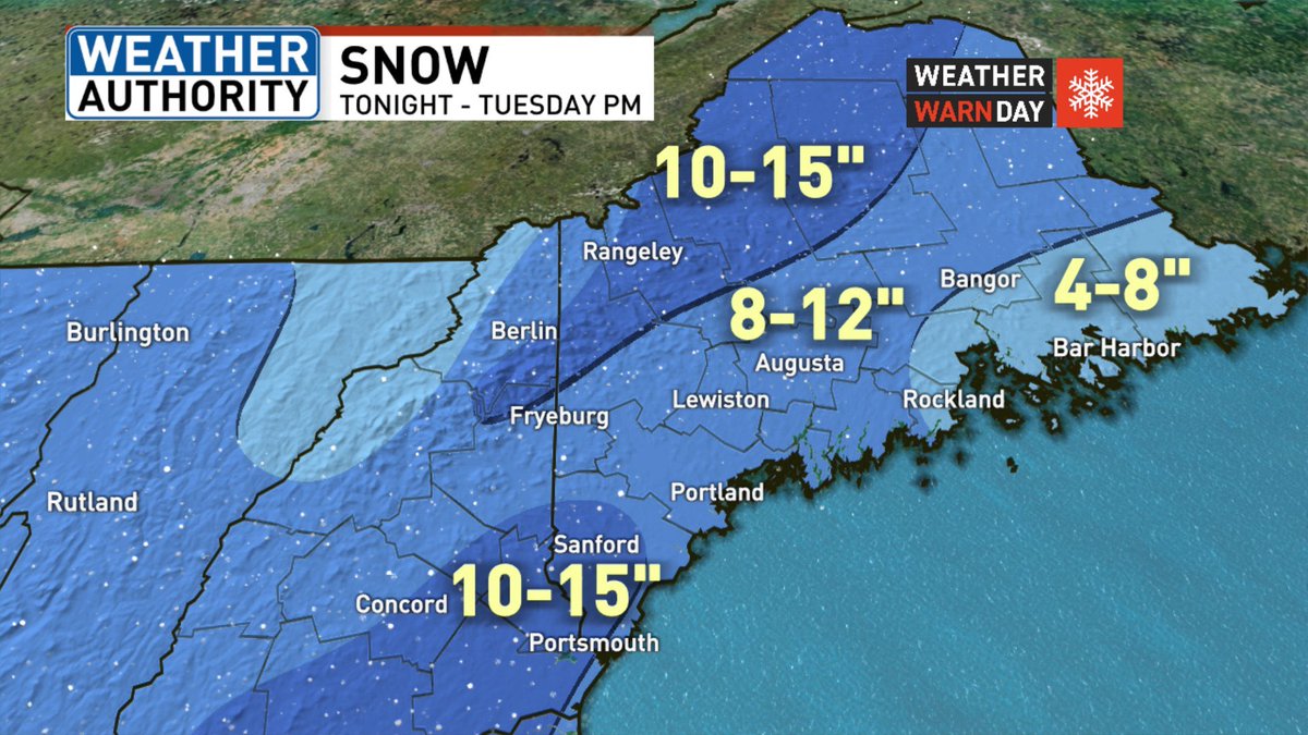 MattHoenigWMUR's tweet image. ❄️ UPDATED MAP ❄️

Good thump of heavy snow brings nasty conditions tonight into early tomorrow. The western Maine mountains will see a second round late tomorrow.

A flip to sleet/rain in Rockland and points east will keep totals lower there.

@WGME @FOX23Maine