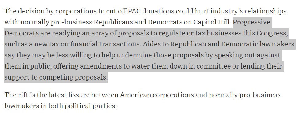 2. Republican and Democratic lawmakers tell the WSJ that they will not help corporations water down or kill progressive legislation unless the money starts flowing again!