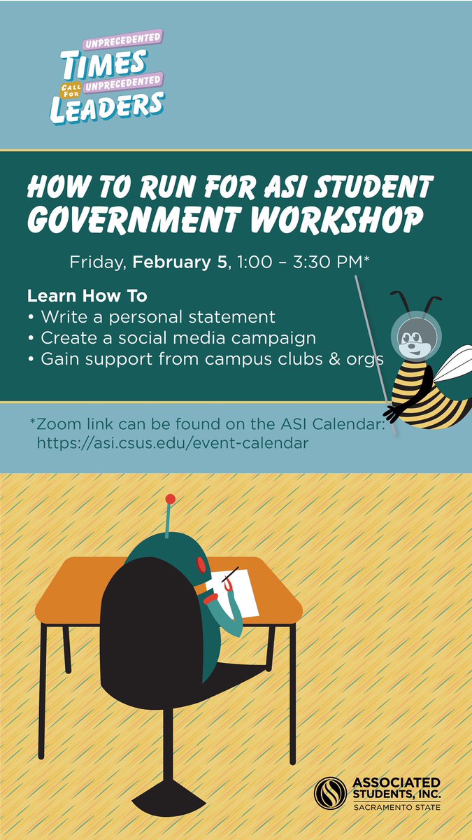 Happening This Week: How to Run for ASI Government Workshop🐝

Learn how to:

✅Write a personal statement
✅Create a Social Media Campaign 
✅ Gain campus support

All students in attendance will be entered to win a $100 Amazon gift card!
