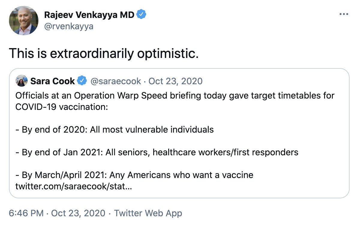THREAD: Vaccine ManufacturingBack in October, I said the Warp Speed timelines were extraordinarily optimistic given the inherent risks of vaccine development, manufacturing and distribution. All of those risks and others have materialized. 1/ https://twitter.com/rvenkayya/status/1320022543076630529?s=20