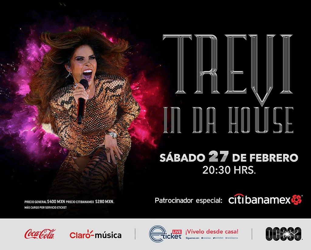 Gloria Trevi “ La Diosa de la Noche”
Presentará el espectáculo
#TreviInDaHouse
Todos sus éxitos en un gran concierto en línea
Sábado, 27 de febrero – 20:30 horas
Precio General $ 400
Precio - 30% Citibanamex $ 280
#envivo #desdecasa #concierto <a href="/GloriaTrevi/">GloriaTrevi</a>