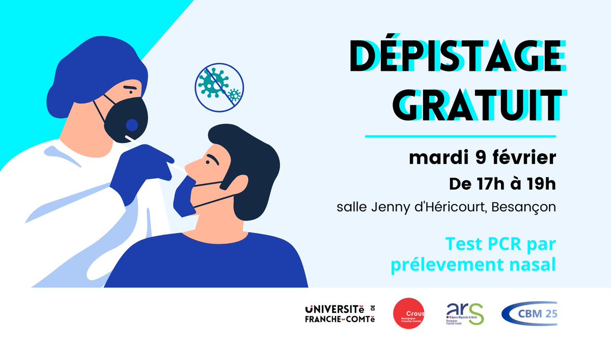 fc_univ's tweet photo. #COVID19 @fc_univ poursuit sa campagne massive de dépistages gratuits pour toute la communauté universitaire. Prochains RDV à Besançon le 4 février de 11h à 14h au RU Canot et le 9 Février de 17h à 19h, Salle Jenny Héricourt. 
Pensez à prendre votre carte vitale ! https://t.co/t6lk9chTnx