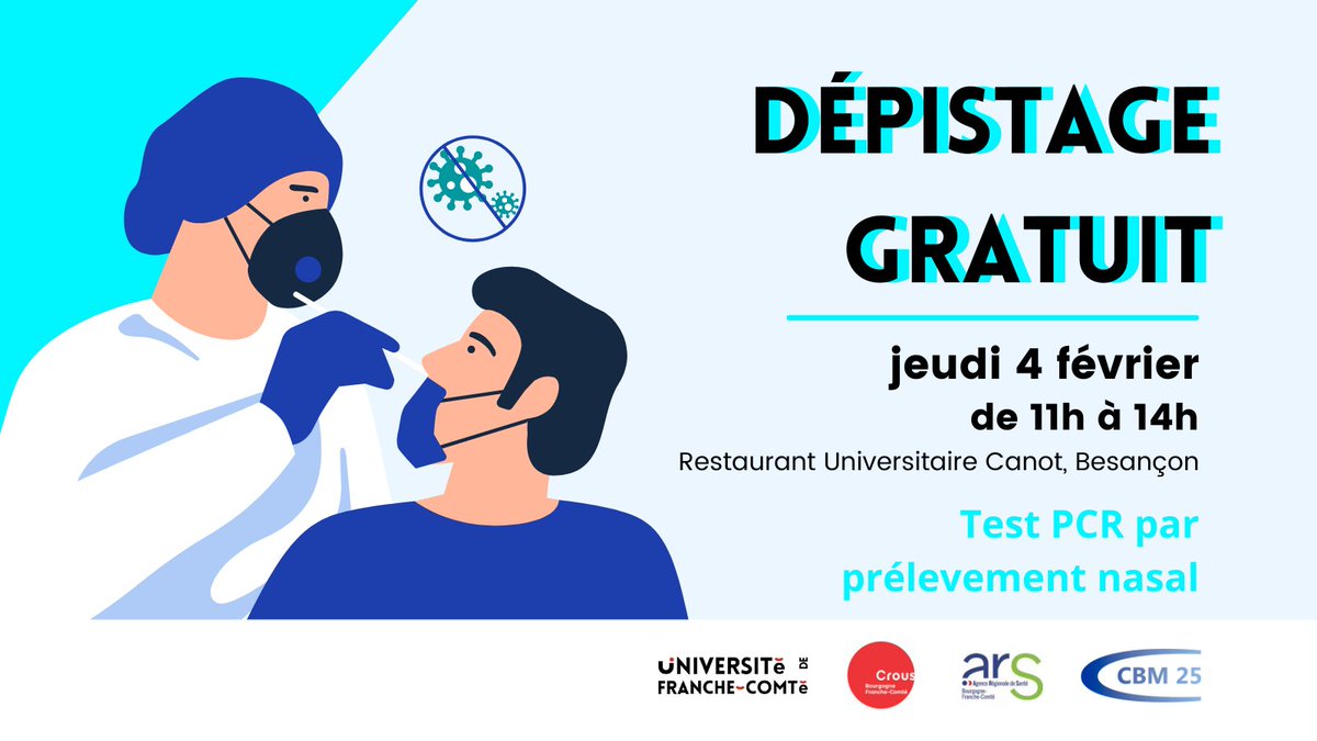 #COVID19 <a href="/fc_univ/">université de Franche-Comté</a> poursuit sa campagne massive de dépistages gratuits pour toute la communauté universitaire. Prochains RDV à Besançon le 4 février de 11h à 14h au RU Canot et le 9 Février de 17h à 19h, Salle Jenny Héricourt. 
Pensez à prendre votre carte vitale !