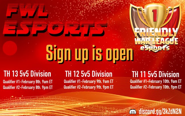 FWL eSports!

The sign up forms are located in the discord server: discord.gg/8WTwKX6k3a

The sign up will close 2 days before the qualifier starts.
Thank you for all your support and have fun!