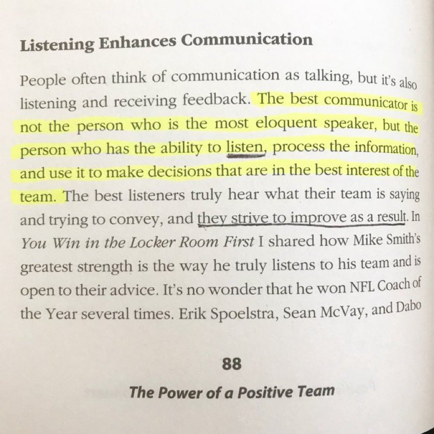 Communication isn’t just about speaking. It’s also about active listening... listening with the intent to understand and act upon what is being said. Want to improve your relationships and team? Be a better listener.

📷 Pg 88 - “The Power of a Positive Team”
