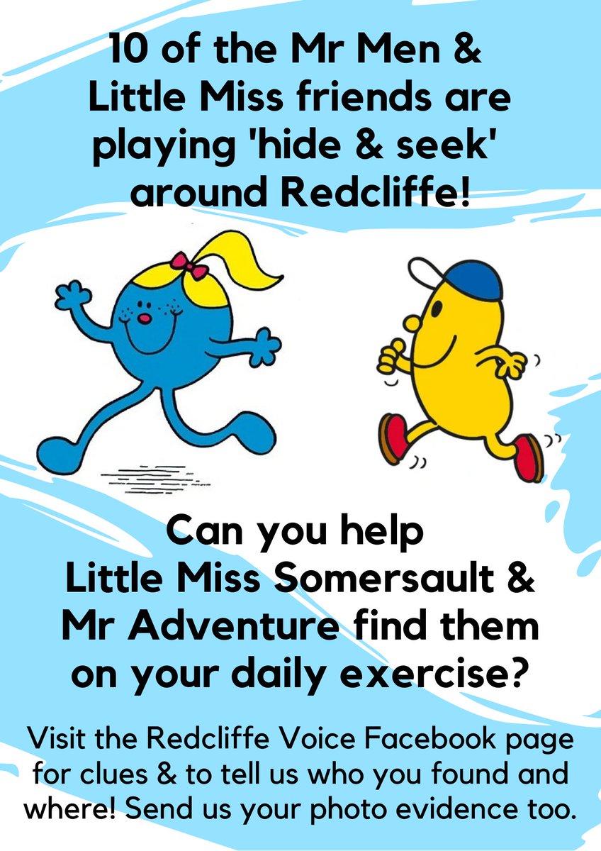 RedcliffeVoice's tweet photo. 10 of the Mr Men &amp; Little Miss friends are playing 'hide &amp; seek' around #Redcliffe!
Can you help Little Miss Somersault &amp; Mr Adventure find them on your daily exercise?
Visit our Facebook page for clues &amp; to tell us who you found and where! Send us your photo evidence too. 😀📸 https://t.co/hmjH5K40sA