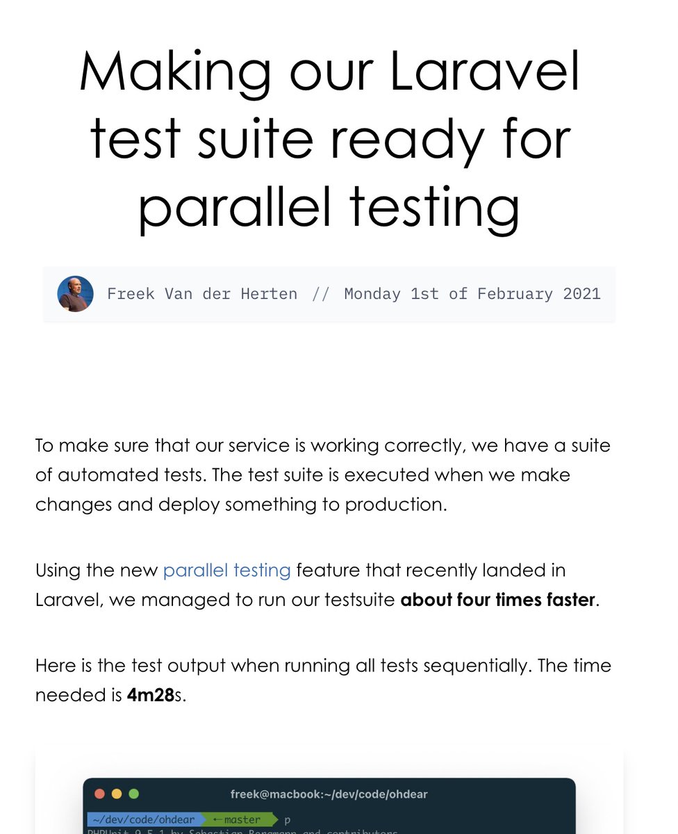 freekmurze's tweet image. 🧪🧪🧪 Here’s how we got @laravelphp’s parallel testing features working in the test suite of @OhDearApp
ohdear.app/blog/making-ou…
💡 In the blogpost you’ll also learn how we use Lumen server at the heart of some or our tests
#php #laravel #testing