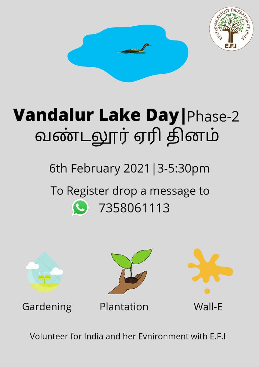 EFIVolunteer's tweet photo. E.F.I's #VandalurLakeDay Phase-II is here!

Join us this #LakeDay for #Cleanup #WallE and #Plantation activity at the  #VandalurLake from 3-5.30 pm

Together, let's conserve and protect our water bodies!

Register here contact 7358061113

#SaturdayLakeDay #JoinTheGangCleanTheTank https://t.co/48iWWLT9dH