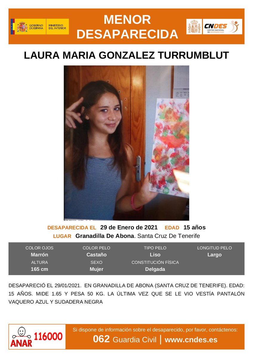policia's tweet photo. Laura María tiene 15 años y ha desaparecido en #GranadillaDeAbona (#SantaCruzDeTenerife)

Si la has visto o tienes cualquier información, llámanos: 091, 112, 062

Tu RT no cuesta nada y puede ayudar a encontrarlo🙏 https://t.co/bbwYkXwPqU