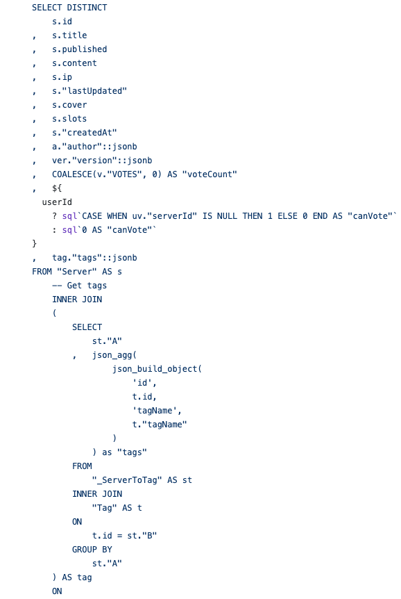 Before and after.Yes it's a lot wordier, but it made it a lot easier to test and maintain. I'm not an expert in any way but separating my Joins allowed me to actually understand what I was doing.
