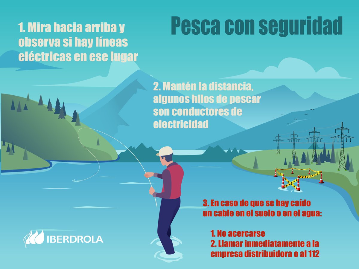 iberdrola's tweet photo. Al pescar o hacer actividades al aire libre, la seguridad es siempre lo PRIMERO. ¡Mucho cuidado 👀 con las líneas eléctricas! Evitar los accidentes está en manos de todos 🎣🪝 https://t.co/XK4a5yaKSR