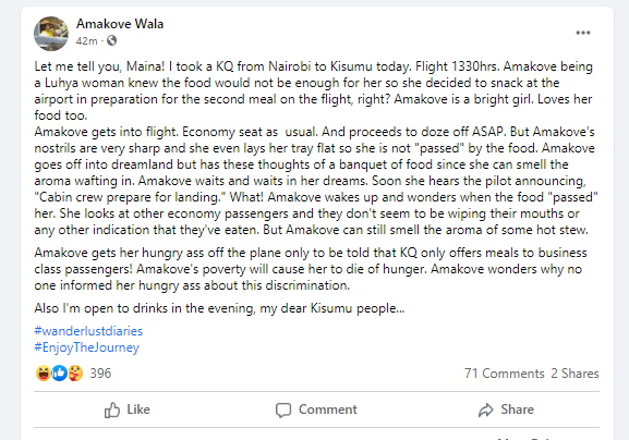 kirigwi's tweet photo. "KQ only offers meals to business class passengers! Amakove's poverty will cause her to die of hunger. "

😭😭😂😂😂😂 https://t.co/rvpVy4bJMl