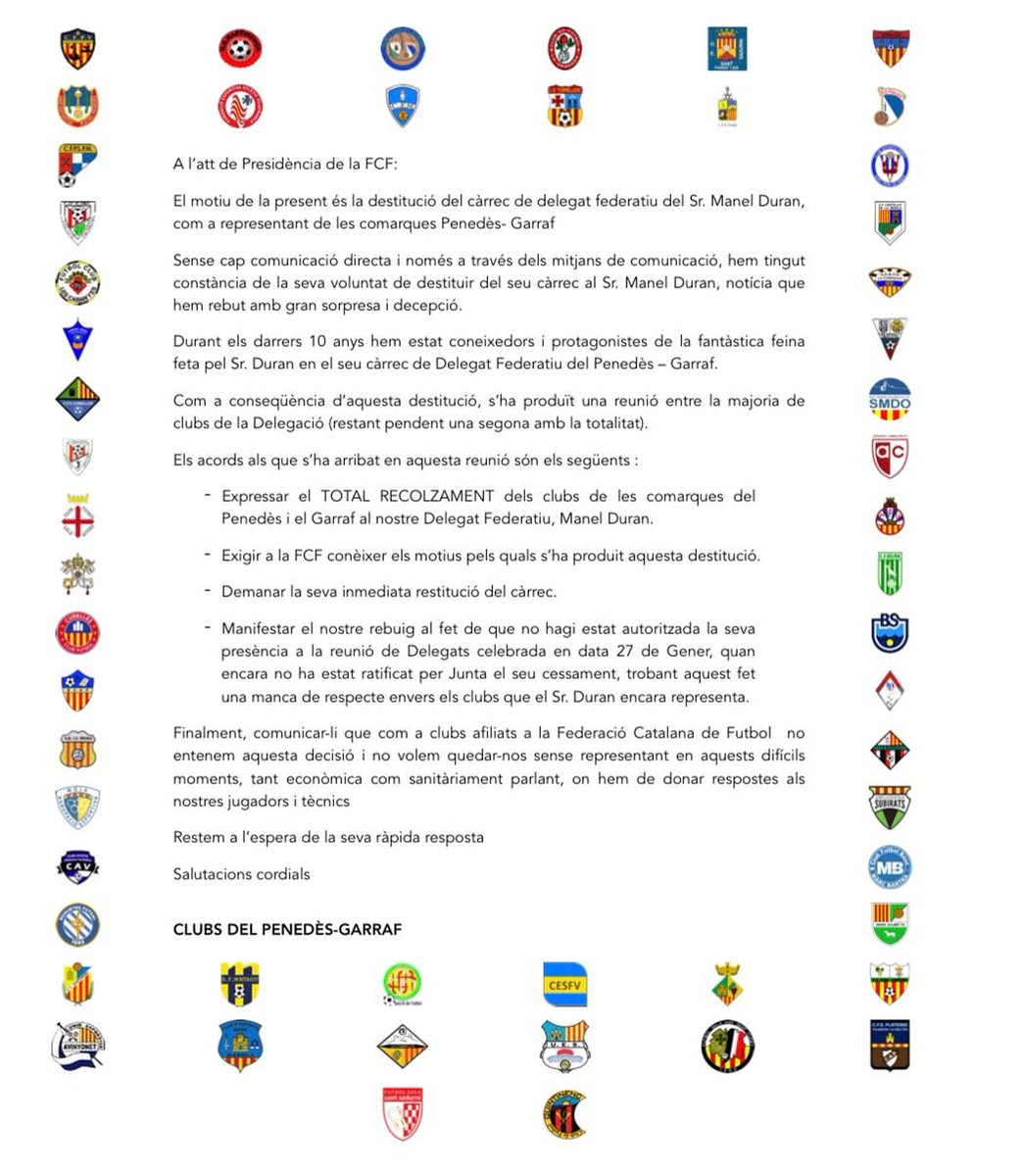 Comunicat oficial dels clubs de la Delegació Penedes-Garraf donant suport al delegat Manuel Duran

<a href="/smmonjos/">Ajuntament de Santa Margarida i els Monjos</a> #futbolbase #futbolpenedesenc #futbolcat #futbolfemenino #ORGULLOSA #admonjos #fbmascatarro