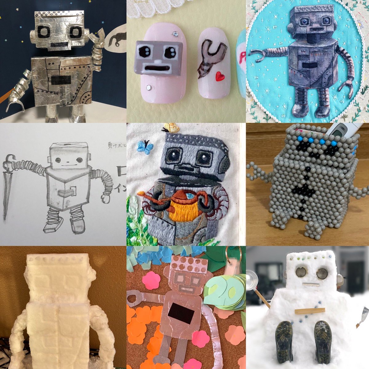 TobyOlie's tweet photo. My mind is blown by the skill, creativity &amp; care that fans of Tang from A Robot in the Garden have put into their creations.
He’s been drawn, collaged, stitched, &amp; sculpted in an art contest led by @shiki_jp 
Too many incredible artists to credit so check out: #うちのタング選手権 https://t.co/cAIEtREogY