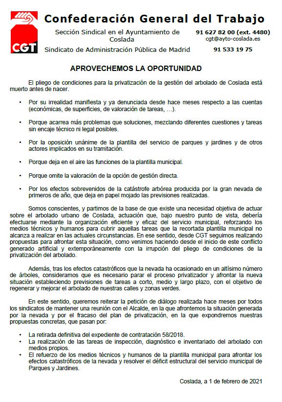Ante la privatización fallida del servicio de Parques y Jardines de Coslada, CGT emite el siguiente comunicado.