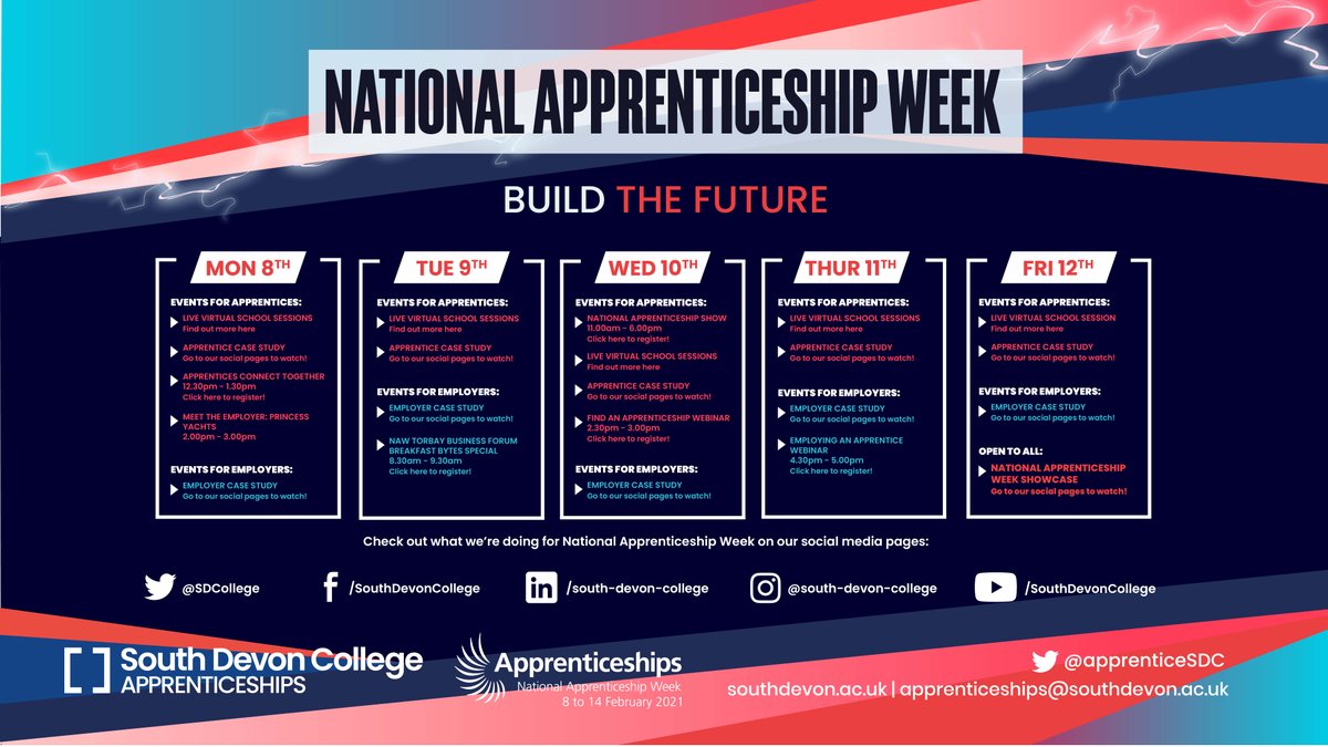 It's National Apprenticeship Week next week! Check the schedule below to see what we're up to 👇🙌🤩 #NAW21 #Buildthefuture #OurPeople @EmTuckerSDC @apprenticeSDC