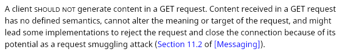 erengy's tweet photo. @peacecwz @madbyk @fatih RFC 7231'in yerini alan güncel HTTP Semantics taslağında "A client SHOULD NOT generate content in a GET request" deniliyor: https://t.co/RycjjZUnaY

İlgili PR: https://t.co/ZcyrcP2vR0 https://t.co/kebXWsxkR8