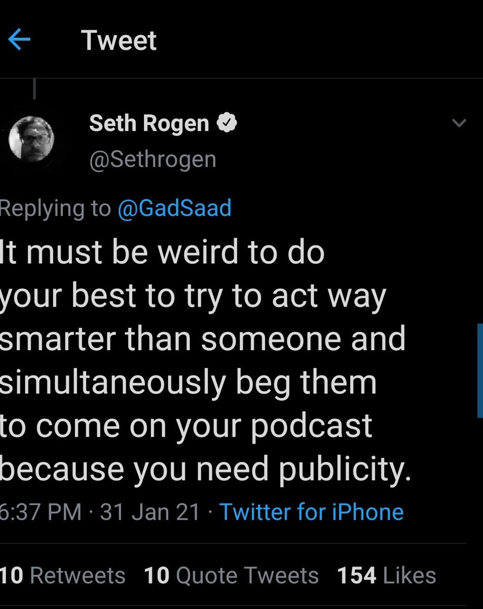  @Sethrogen out here with the only appropriate response to this tedious, pretentious bullshit masquerading as intelligence. Seriously, people like Gad Saad exists purely to show us all that his academic experience only gave him bigger words to express how dumb he is.