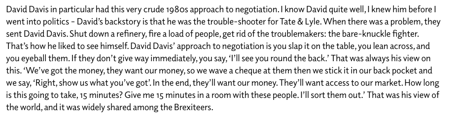 There's loads of fascinating stuff in Philip Hammond's Brexit interview with  @UKandEU, particularly on Theresa May. But it is worth kicking off by flagging what the ex-CX said about David Davis. His assessment of DD's negotiating tactics is nothing short of spectacular.