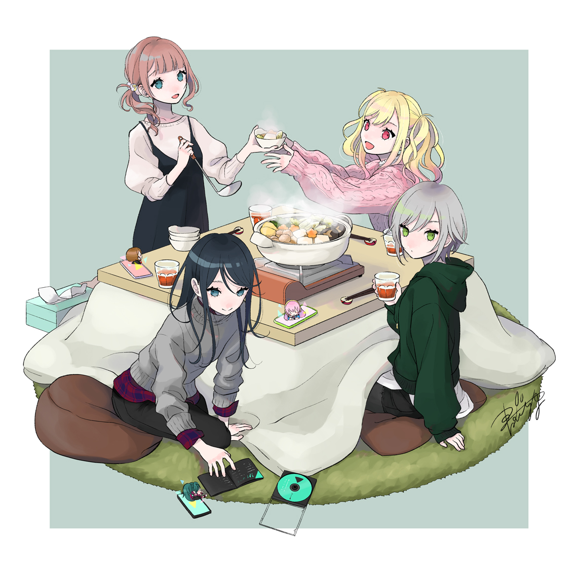 multiple girls 4girls kotatsu table bowl sweater zabuton  illustration images