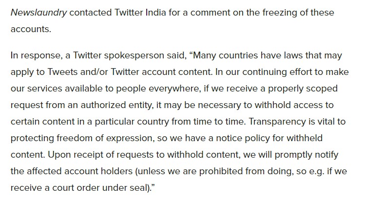 Response from Twitter India on why they suspended accounts.
 #RestoreAllTwitterAccount 
#RestoreKisanEktaMorcha
