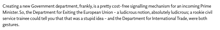 Philip Hammond pulls no punches on Theresa May's early decision to set up DExEU and DIT.He describes it as 'a ludicrous notion' that any 'rookie civil service trainee could tell you... was a stupid idea'.