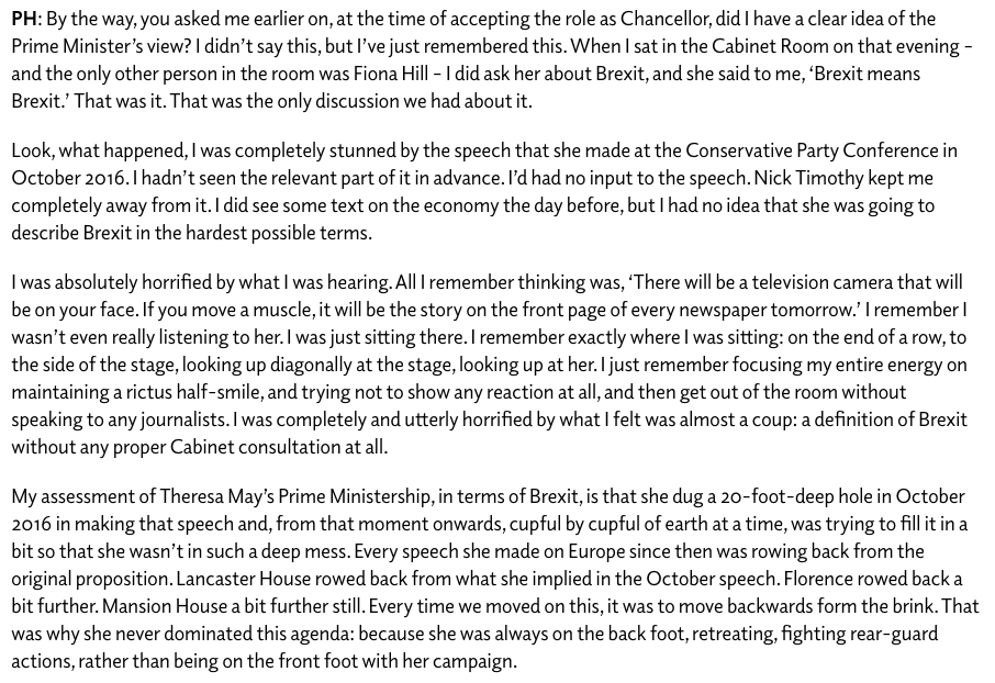 Extent to which the direction on Brexit was fluid in the second half of 2016 is best illustrated by Philip Hammond's anger at Theresa May's October conference speech when she ruled out Norway or Swiss model. He said it was 'almost a coup' and created myriad problems for later.
