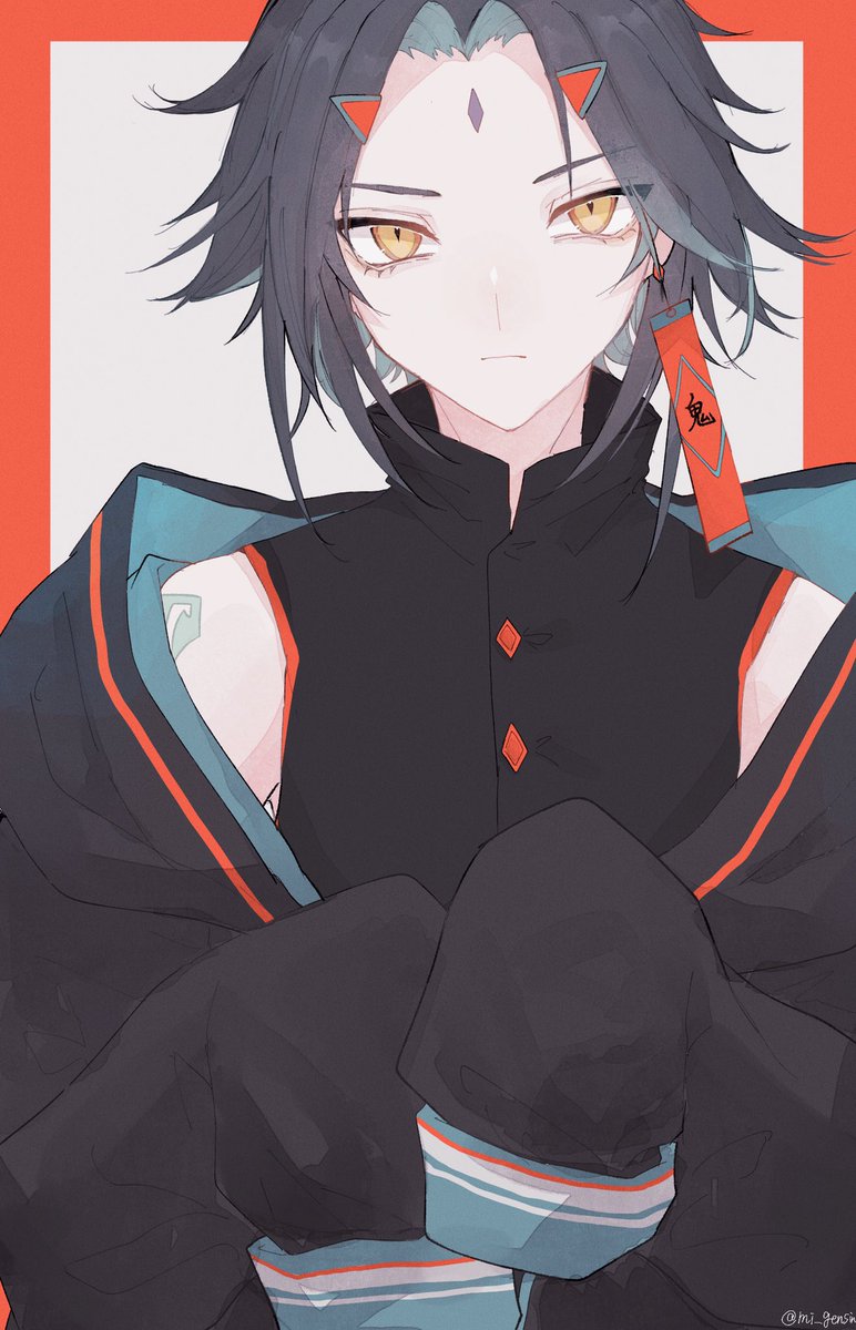 xiao (genshin impact) 1boy male focus solo yellow eyes black hair facial mark earrings  illustration images