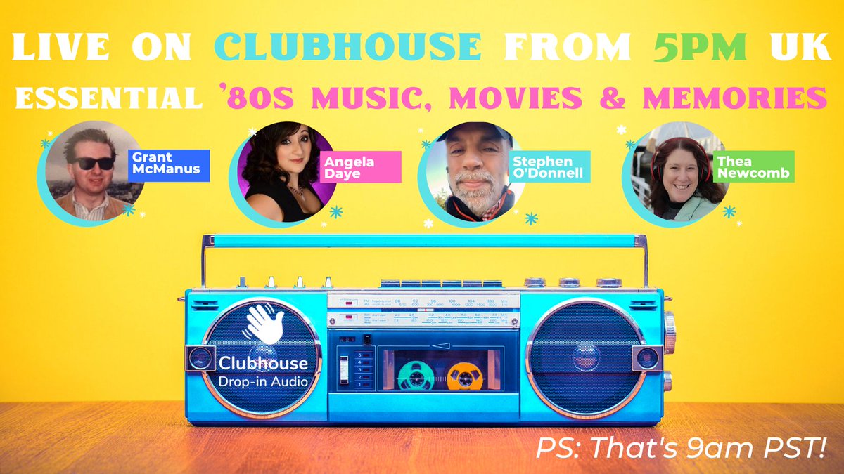 We are back on Clubhouse at 5pm UK. We'll be talking about '80s music, movies &amp; memories. Join myself <a href="/stephenodonn/">Stephen O'Donnell</a> <a href="/Gr3ant/">Grant McManus</a> and hopefully Angela Daye too. Also hoping my broadband changeover isn't mid-show. :) 
🤞
🤞
🤞
PS: FYI, that's 9am PST. 
Cya, Thea.