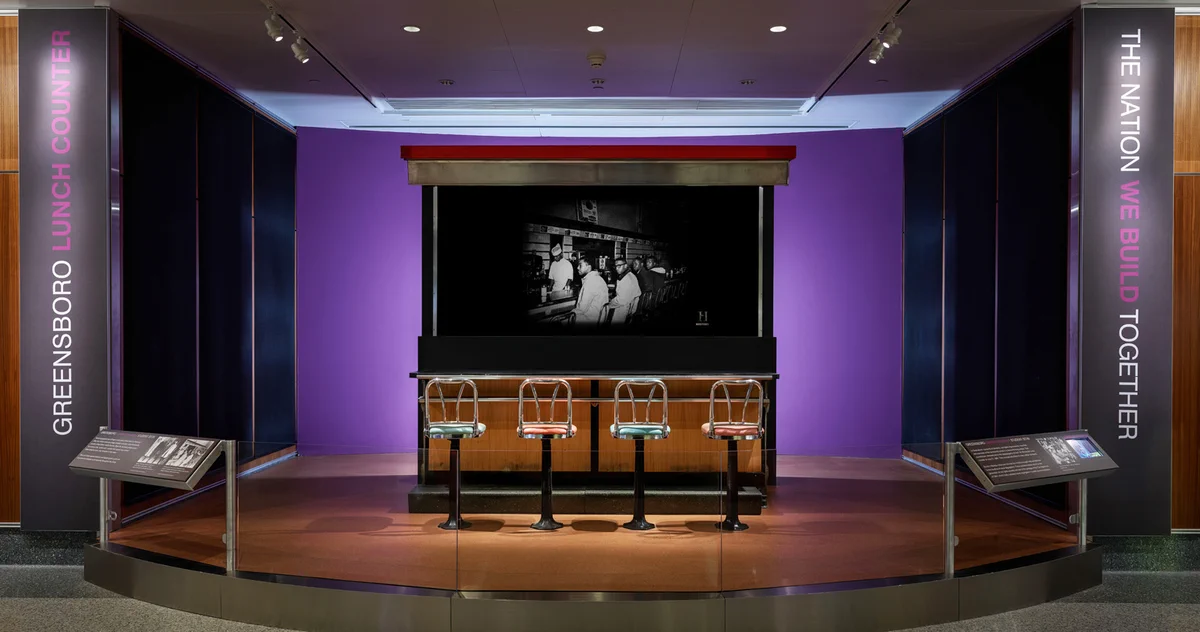 Piece of the Greensboro lunch counter with four stools on display at the museum.