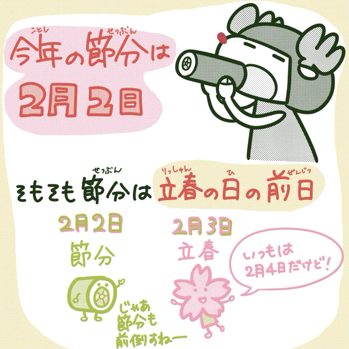 今日は124年ぶり、2月2日の節分ですね。

#節分 #恵方巻 #南南東
#恵方巻きで町のお寿司屋さんを応援したい 