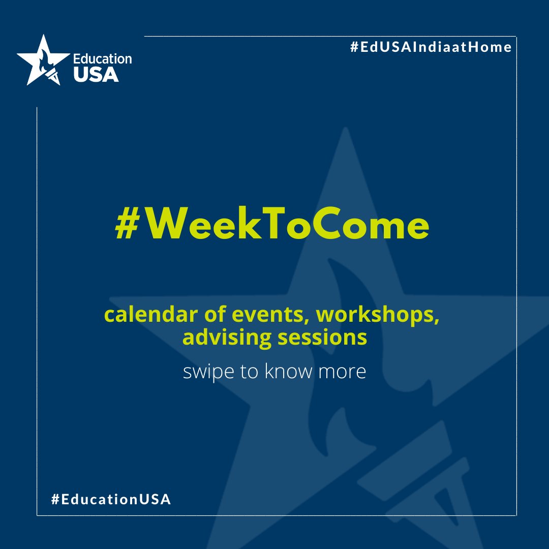 EdUSA_India's tweet photo. Mark your calendars! Check out our line up of events for the week of February 1 - 7. Stay on top of your U.S. application process with #EducationUSAIndia.⠀
Register here https://t.co/i9SBDFAwnj 
#EdUSAEvents #StudyintheUSA #EducationUSA #intled #EdUSAIndiaatHome #weektocome https://t.co/hIwpRjvzow