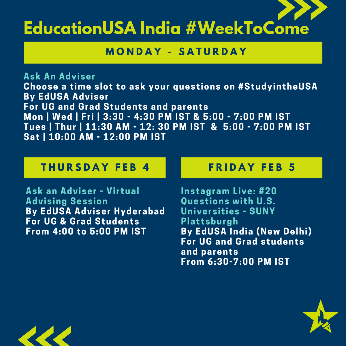 EdUSA_India's tweet photo. Mark your calendars! Check out our line up of events for the week of February 1 - 7. Stay on top of your U.S. application process with #EducationUSAIndia.⠀
Register here https://t.co/i9SBDFAwnj 
#EdUSAEvents #StudyintheUSA #EducationUSA #intled #EdUSAIndiaatHome #weektocome https://t.co/hIwpRjvzow