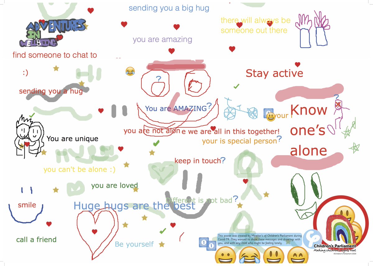 "Huge hugs are the best"
♥️
This poster was created by Members of Children's Parliament during COVID lockdown. They want to share these messages and with you, and any child who may be feeling lonely. #ChildrensMentalHealthWeek