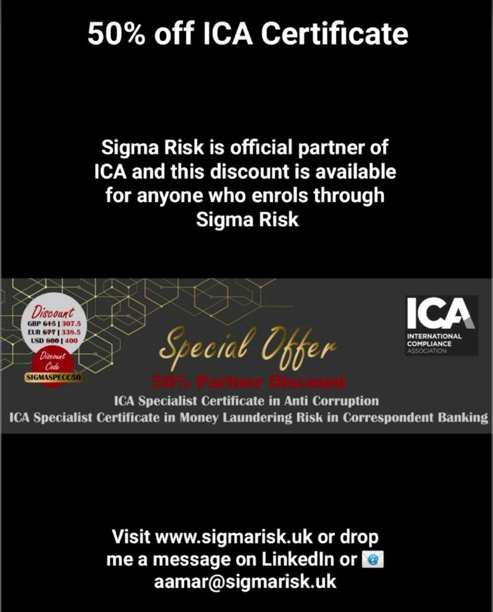 #ICA specialist certificate on Anti-Corruption and Correspondent Banking is offered on 50% discount for #Sigmarisk clients.

sigmarisk.uk