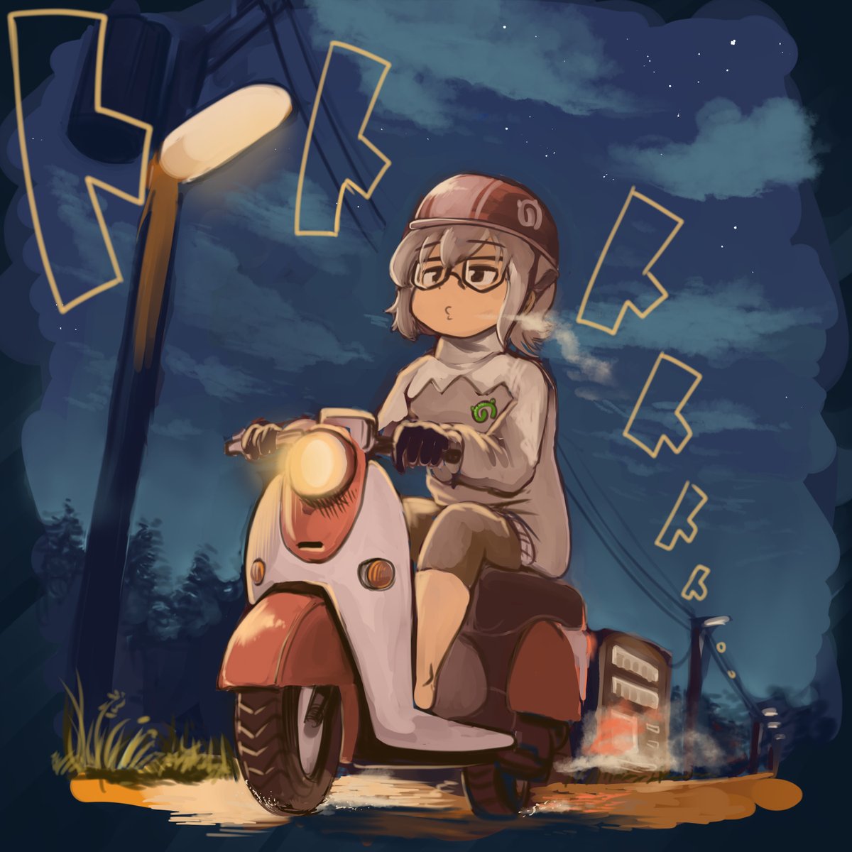 1girl ground vehicle motor vehicle solo glasses night scooter  illustration images