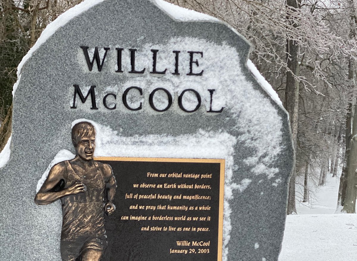 Today, at the Naval Academy cross country course, atop a small hill near the two-mile mark, where Willie would have been 16 minutes from the finish line during his record run, there’s a statue in honor of Willie and the crew of Columbia.