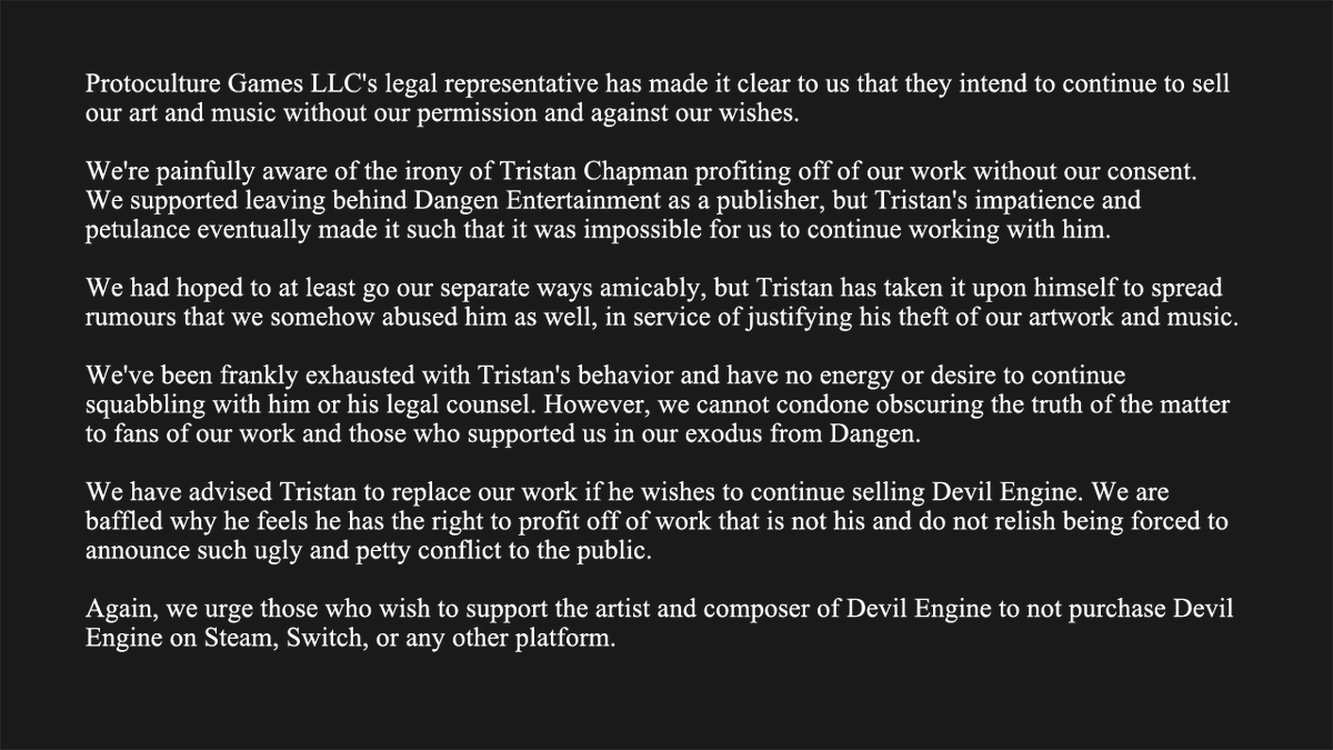 Protocultgames's tweet image. This statement was originally posted on January 22nd. Apologies for needing to repost it; we believe the account was hacked.

We regret to say that the situation has not improved at all. Devil Engine's art and music are still being sold without our consent at this time.