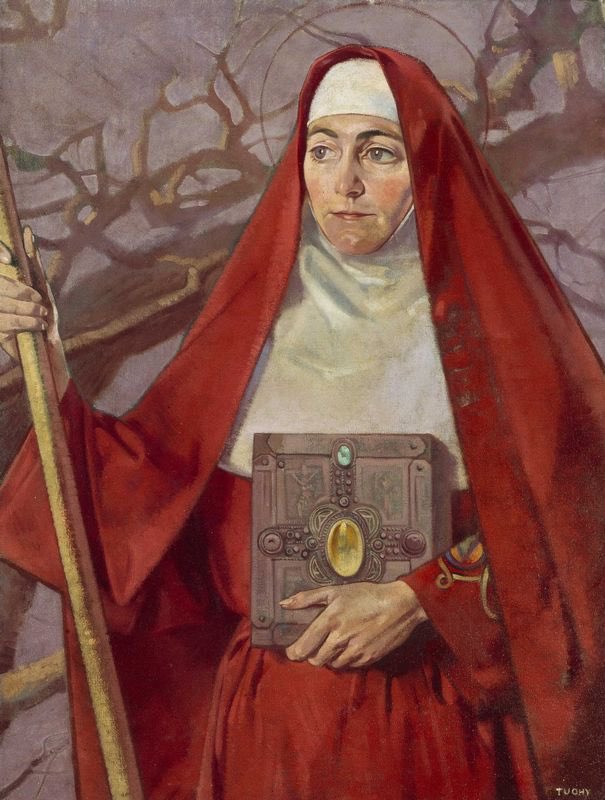 Much activity took place on St Bridget’s Eve. A cake was made & the neighbours called. There are a number of traditions to do with wheat & red ribbons; Items associated with fertility of the land & of nature. Here’s St Bridget by Patrick Tuohy (1894-1930)
