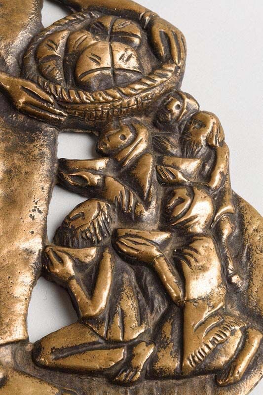 The Saint inspired many artists. St Bridget feeding the Poor (1950) by Imogen Stuart (b 1927). Stuart is a German-Irish artist who has integrated German Expressionist art with Celtic design. She is an important sculptor active in Ireland & a member of Aosdána.