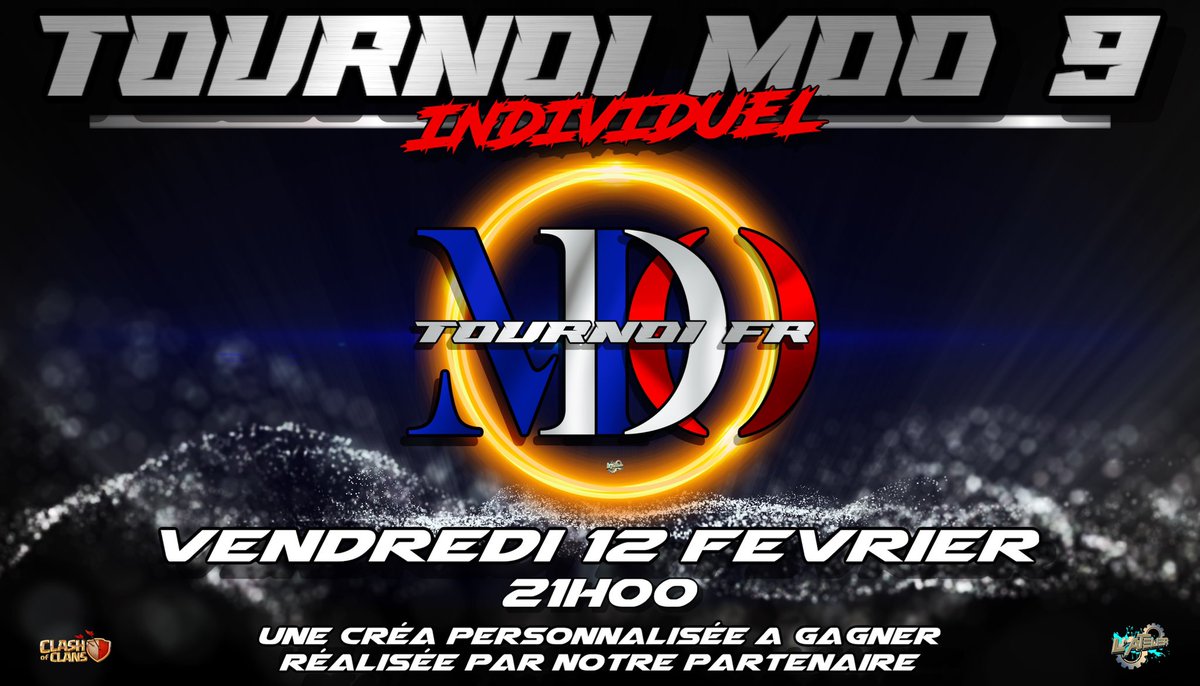 Affiche annonce pour Tournoi MDO Fr.

L’Atelier s associe à ce tournois et offre au vainqueur une crea personnalisée de son choix (pdp/logo/bannières/fond écran etc..)

Je vous pose aussi leurs serveur:

discord.gg/sSChrc2Qa6

#MDO #ClashOfClans #eSports