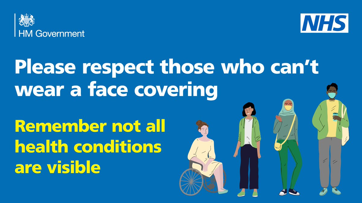 SHARING...

For many people wearing a face covering is possible. However, there will be some who are exempt from wearing one. 

You should not challenge anyone for not wearing a face covering.

See guidance:

ow.ly/sT2M50DbpaR