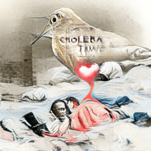 SimonGColton's tweet image. Really surprising: with prompt “Love in the time of cholera”, #BigSleep produces an image with the words “Cholera Time” in. Presumably most images for the prompt on the internet are book covers with words on. Seen this before at all @advadnoun ? #generativeart #BigGAN #text2image