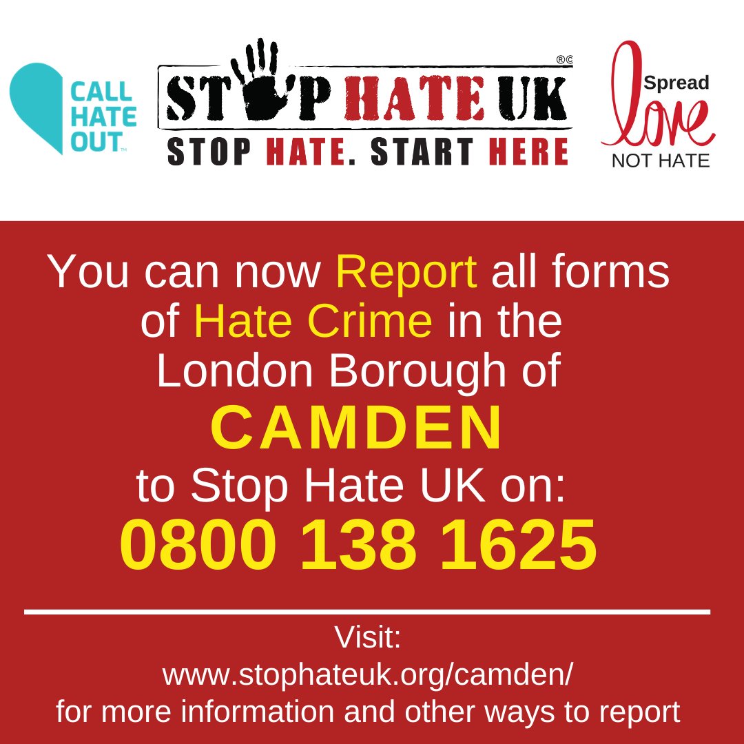 stophateuk's tweet photo. 📢 We are delighted to launch our Helpline service in Camden. ☎️

From today residents and visitors to #Camden can report any type of #HateCrime to Stop Hate UK on 0800 138 1625 or for more ways to report visit: https://t.co/b9SiX3Hc2q

For info visit: https://t.co/TlcW7c9Ck5 https://t.co/EG8wpLtVRs