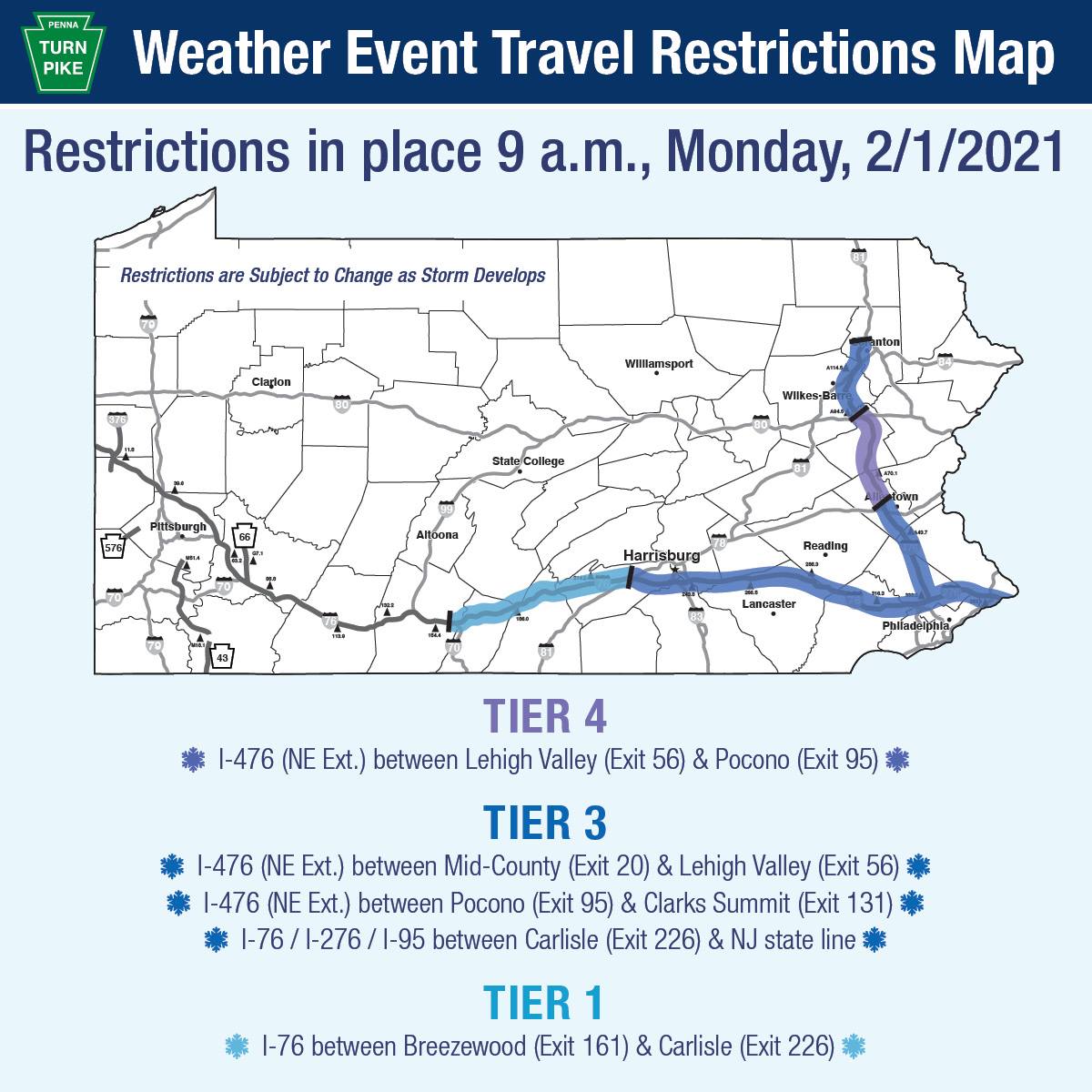 PA_Turnpike's tweet photo. As of 9 am 2/1/21, the #PATurnpike will implement Tier 1, Tier 3, &amp; Tier 4 restrictions on some sections of the roadway.
Please refer to maps and restriction graphics for more information. 

For more info:
▶ Check https://t.co/8i0vVNj6EB 
▶ Follow @PATurnpikeAlert https://t.co/ItgpPtVAX2