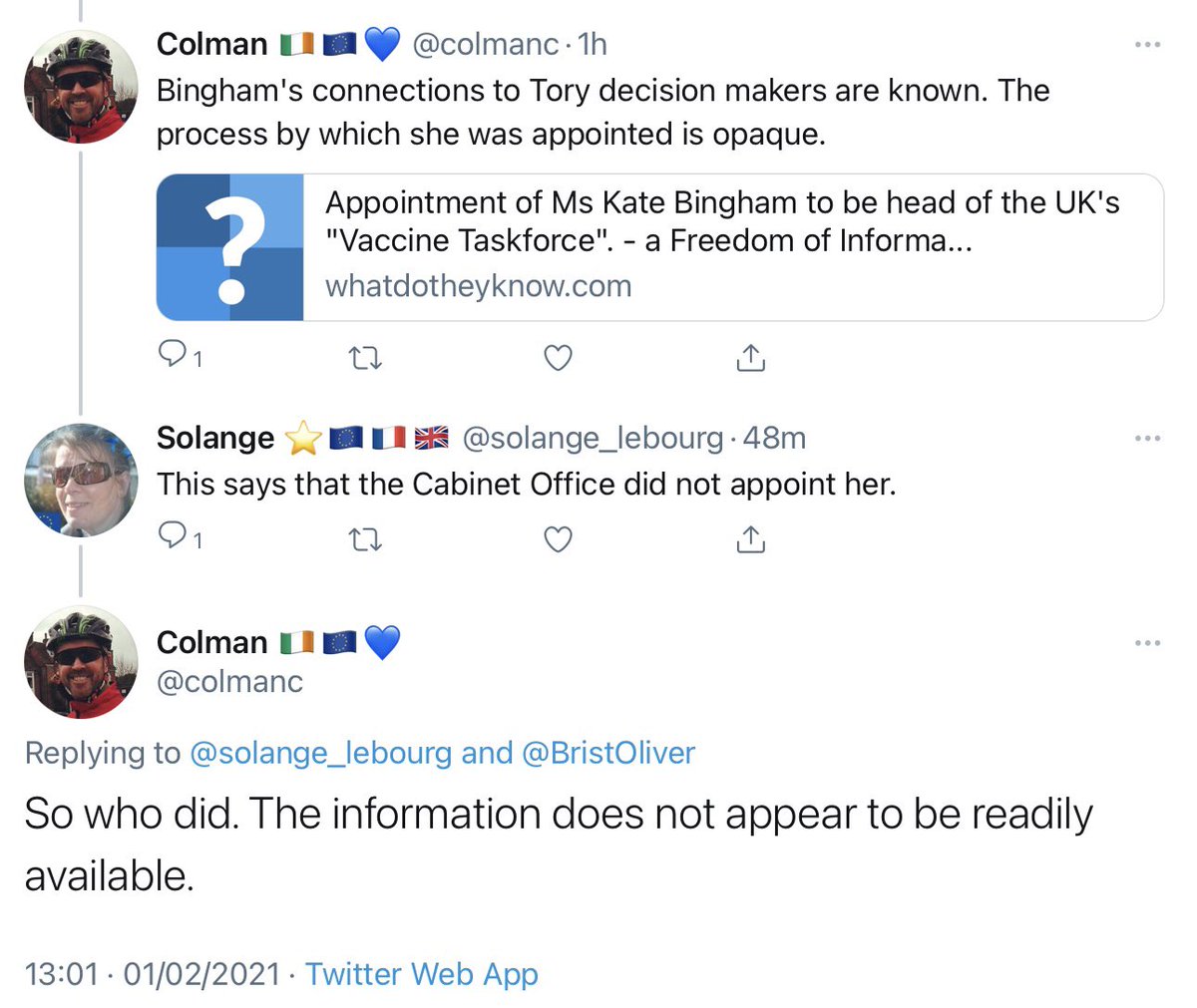 Next, a man complains that the information about Kate Bingham’s appointment “does not appear to be readily available” after a FOI request to the Cabinet Office drew a blank.The information was readily available on  http://gov.uk  on 16 May 2020 https://www.gov.uk/government/news/kate-bingham-appointed-chair-of-uk-vaccine-taskforce