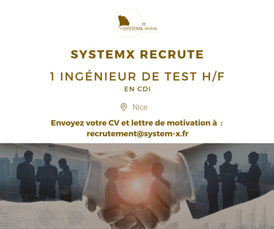 _System_X_'s tweet image. SYSTEMX recrute 1 Ingénieur de test en CDI 🎉

Cliquez dès à présent sur le lien pour voir l'offre et postuler : system-x.fr/recrutement.ht… 

#cdi #test #recrutement #emploi #nice #imagerie #medicale