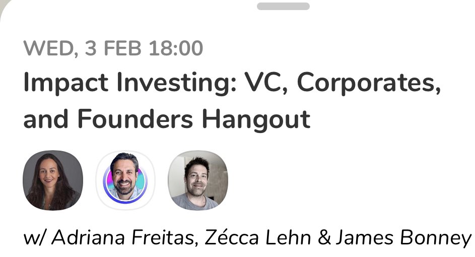 adrianafreitas's tweet photo. To all friends in @joinClubhouse 
#AddToCalendar
 “Impact Investing: VC, Corporates, and Founders Hangout” with @Zecca_Lehn @posi2ive and @jmsbonney #Superforest 
Wednesday, 3 Feb at 6:00 PM CET on @joinclubhouse. Join us! 
https://t.co/BIrdg3XRLP https://t.co/W1TbSprnfS