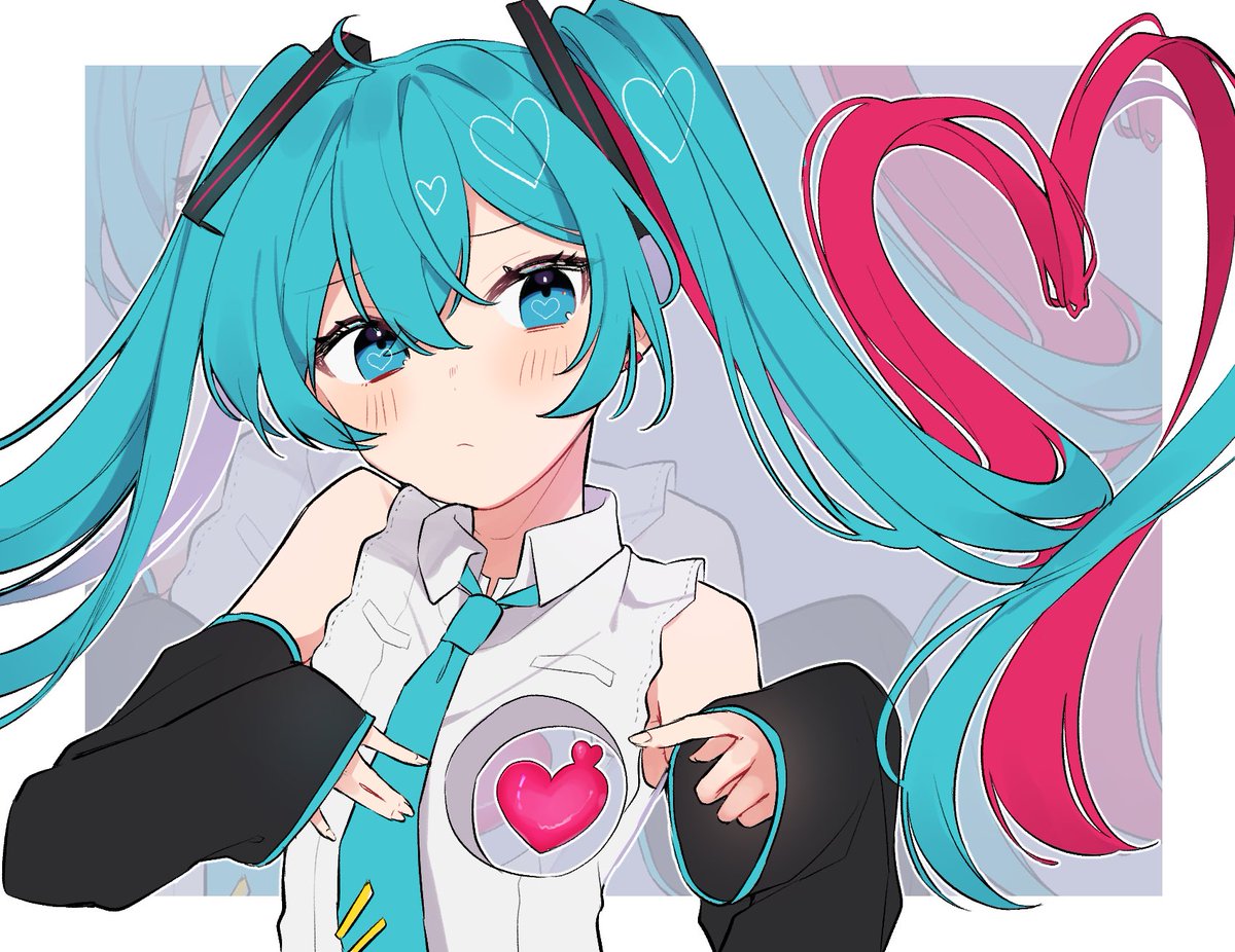 hatsune miku 1girl heart twintails long hair necktie detached sleeves shirt  illustration images